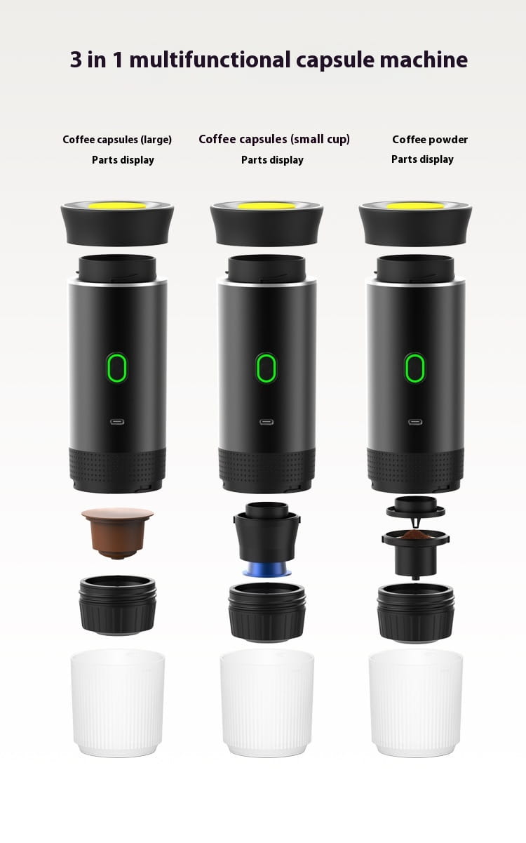 3-in-1 Portable Electric Espresso Maker – Travel Coffee Machine for Ground Large & Small Capsule with USB Charging