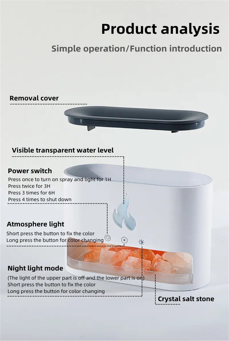 3D Flame Aromatherapy Humidifier with Crystal Salt Stone – Colorful LED Light USB Powered Silent Ultrasonic Diffuser