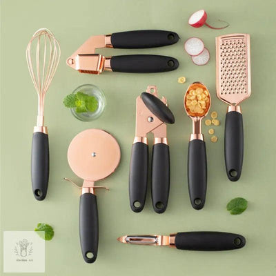 7-Piece Rose Gold Kitchen Tool Set – Stainless Steel Utensils with Elegant Countertop Rack - Kitcihin Art