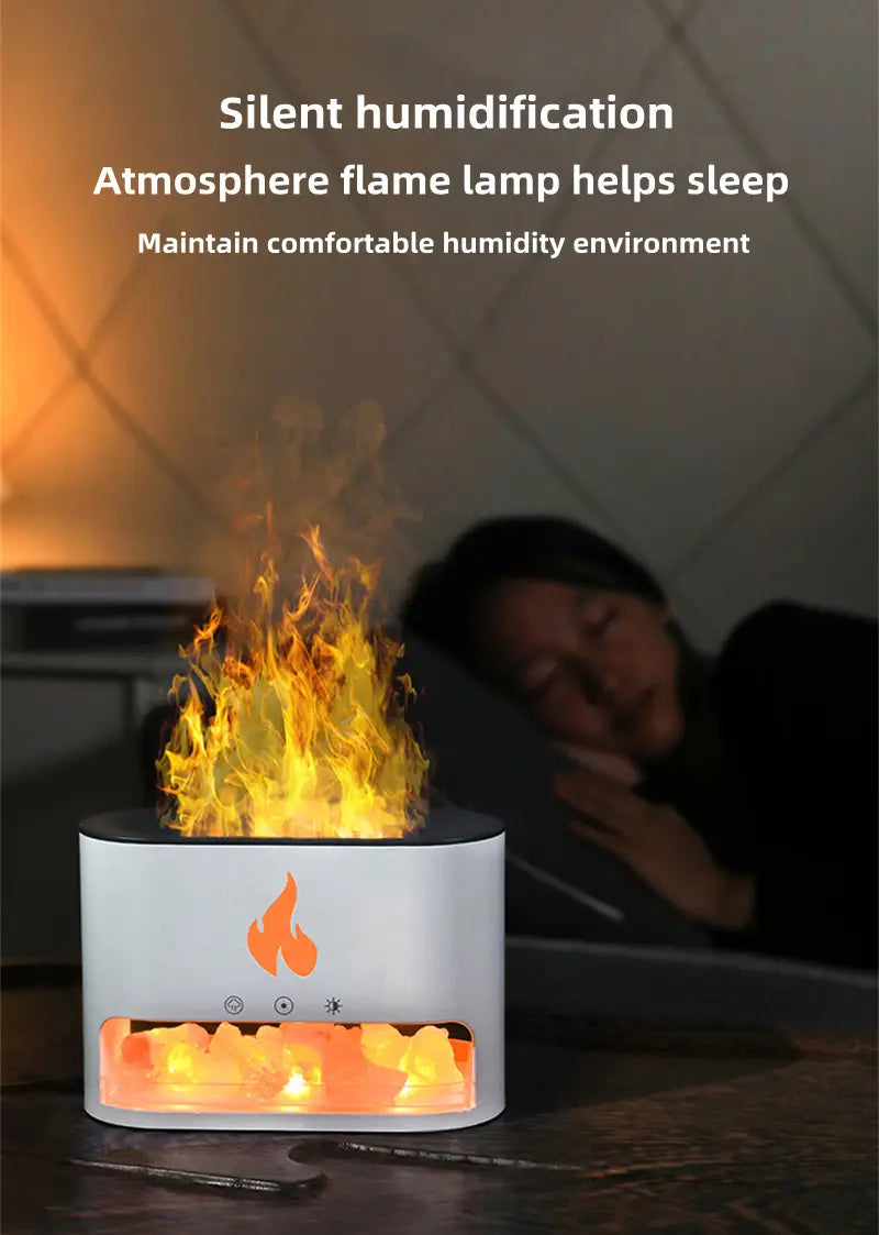 3D Flame Aromatherapy Humidifier with Crystal Salt Stone – Colorful LED Light USB Powered Silent Ultrasonic Diffuser