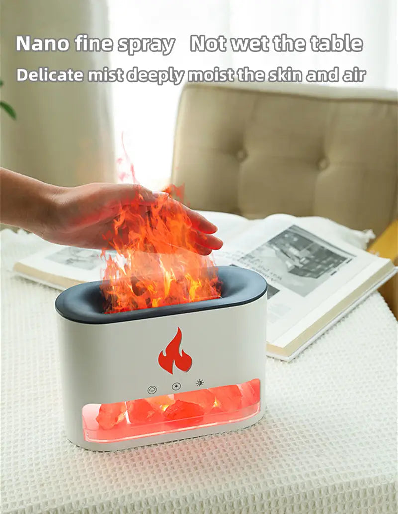 3D Flame Aromatherapy Humidifier with Crystal Salt Stone – Colorful LED Light USB Powered Silent Ultrasonic Diffuser