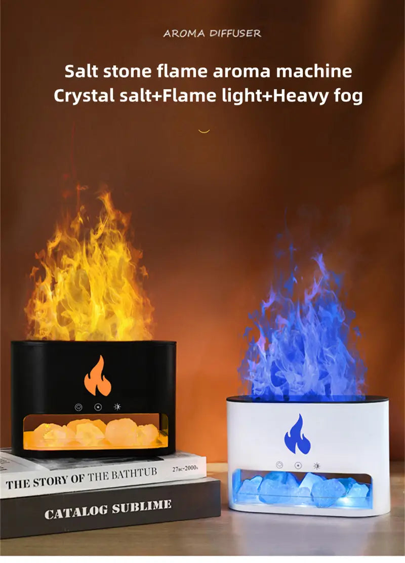 3D Flame Aromatherapy Humidifier with Crystal Salt Stone – Colorful LED Light USB Powered Silent Ultrasonic Diffuser